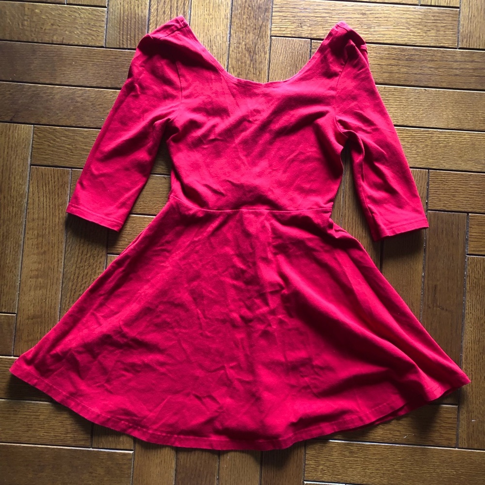 Express Red Scoop Neck & Back 3/4 Sleeve Skater Dress Zip Size S